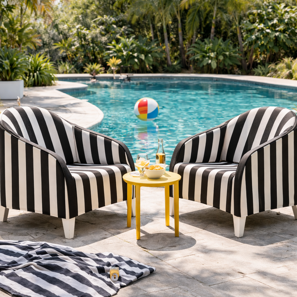 Two black and white striped chairs with a yellow side table by a pool, with a beach ball in the water.