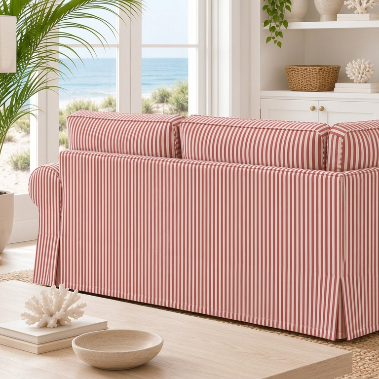 A red and white vertically striped slipcovered sofa in a bright, modern living room with a beach view window and potted plants.