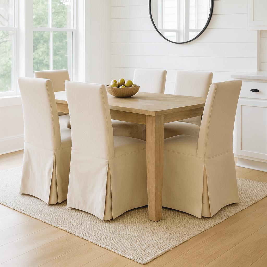 Dining room with wooden table and beige chairs in a bright room.