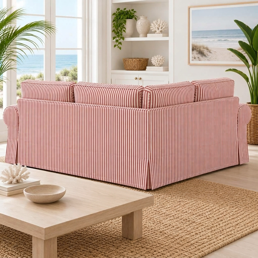 A terracotta and white vertically striped slipcover on a three-seater sofa in a bright, modern living room with a beach view window, plants, and a coffee table.