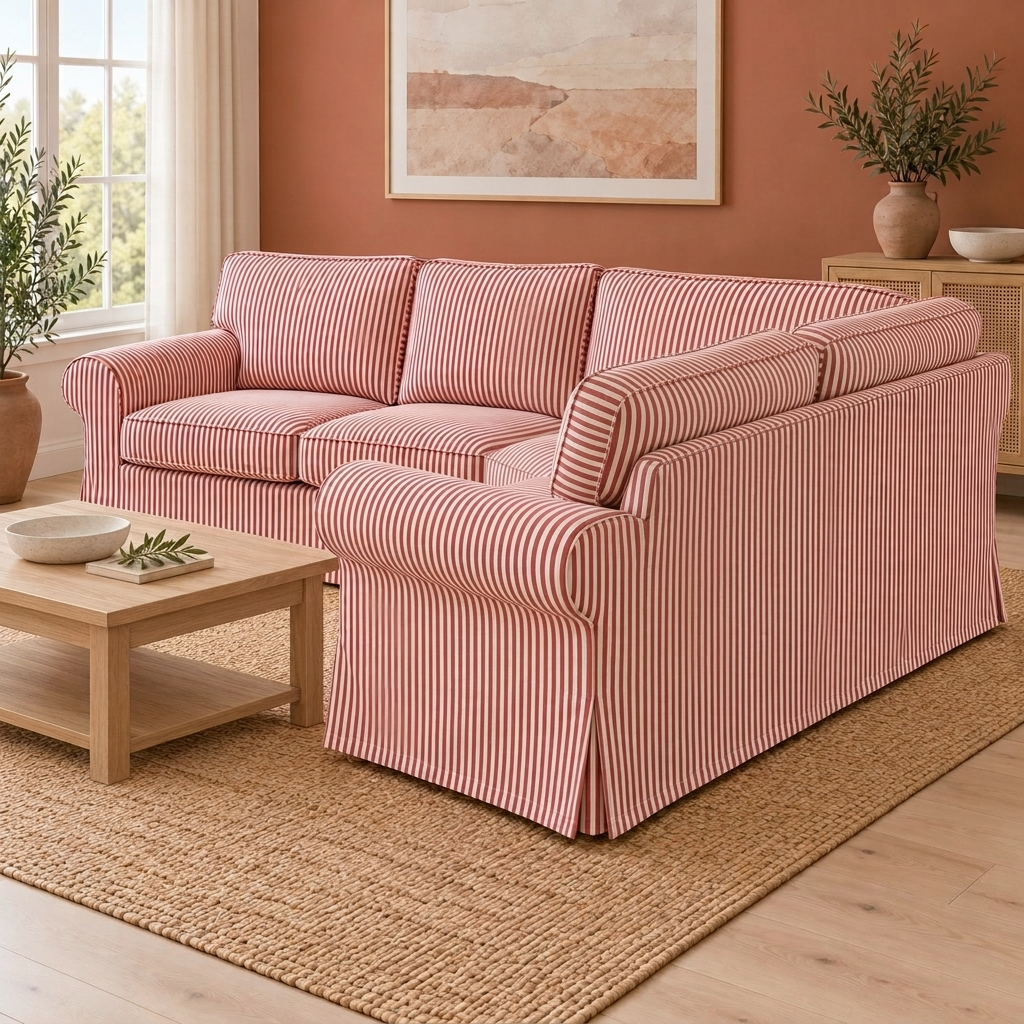 A red and white vertically striped upholstered sofa with a matching armchair in a warm, modern living room setting.