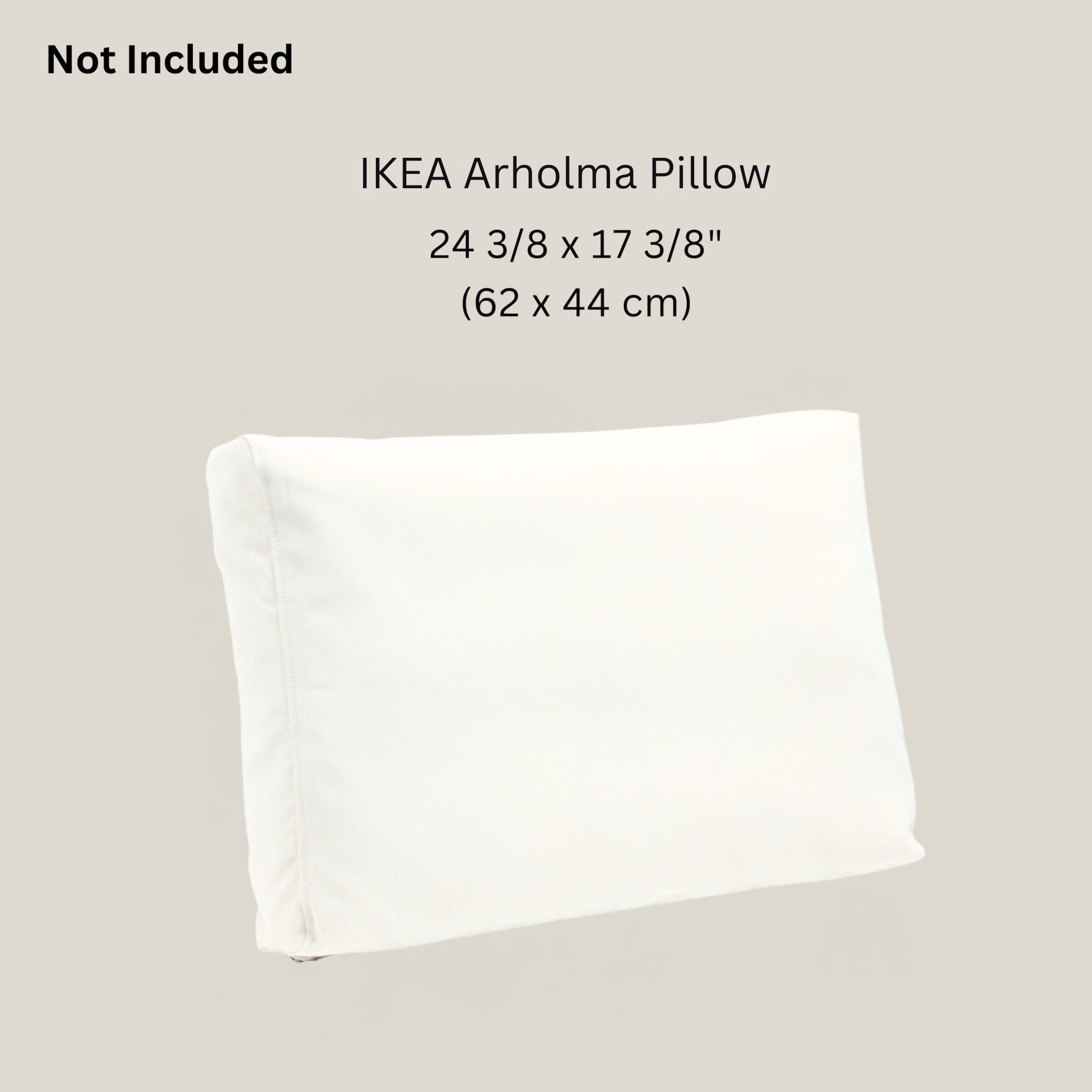 White pillow with IKEA Arholma Pillow dimensions on a beige background