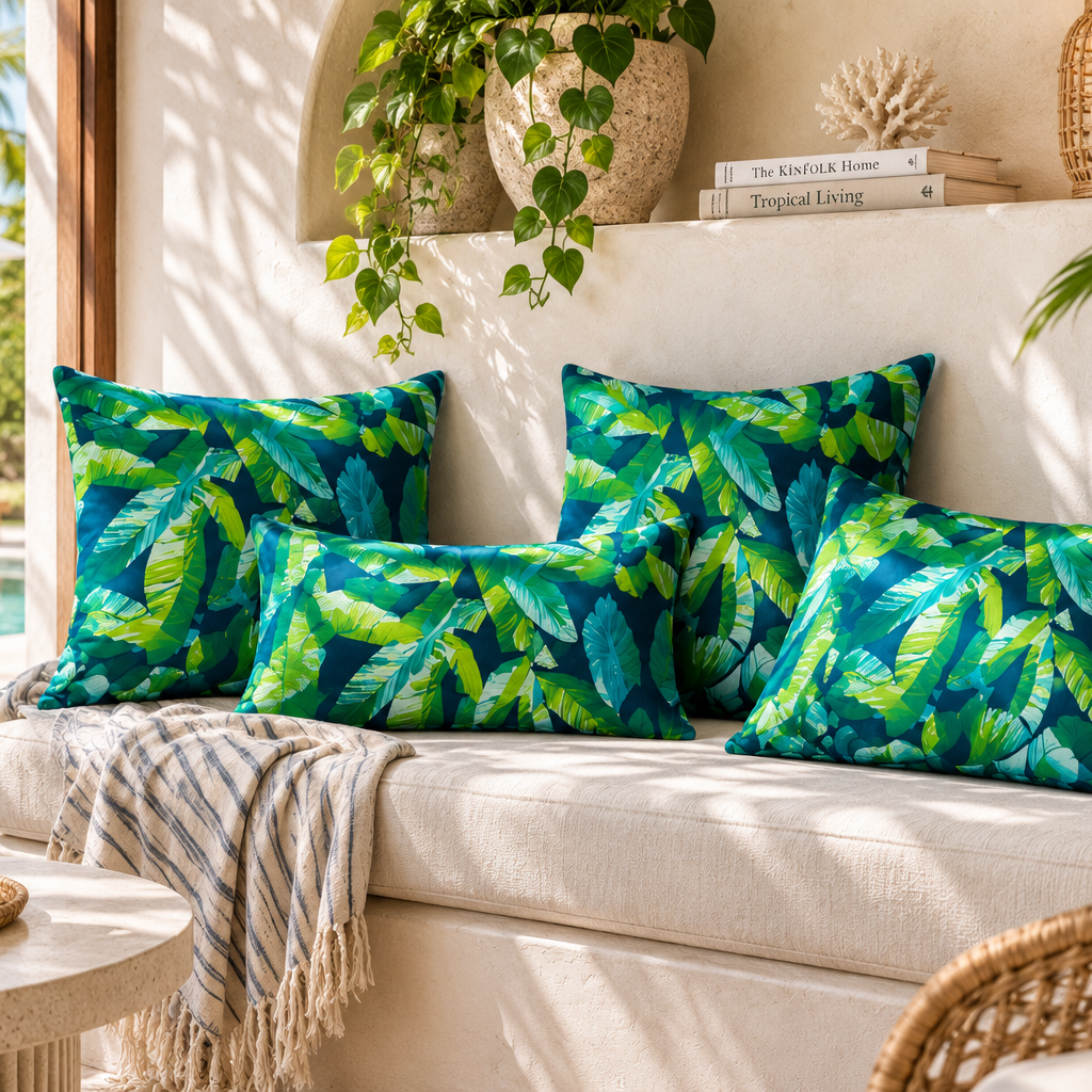Four rectangular throw pillows with a vibrant green and teal tropical leaf pattern, arranged on a cream-colored outdoor daybed. The setting is a sunny patio with a pool in the background, featuring a striped throw blanket, a small round table with flowers, and wicker furniture.