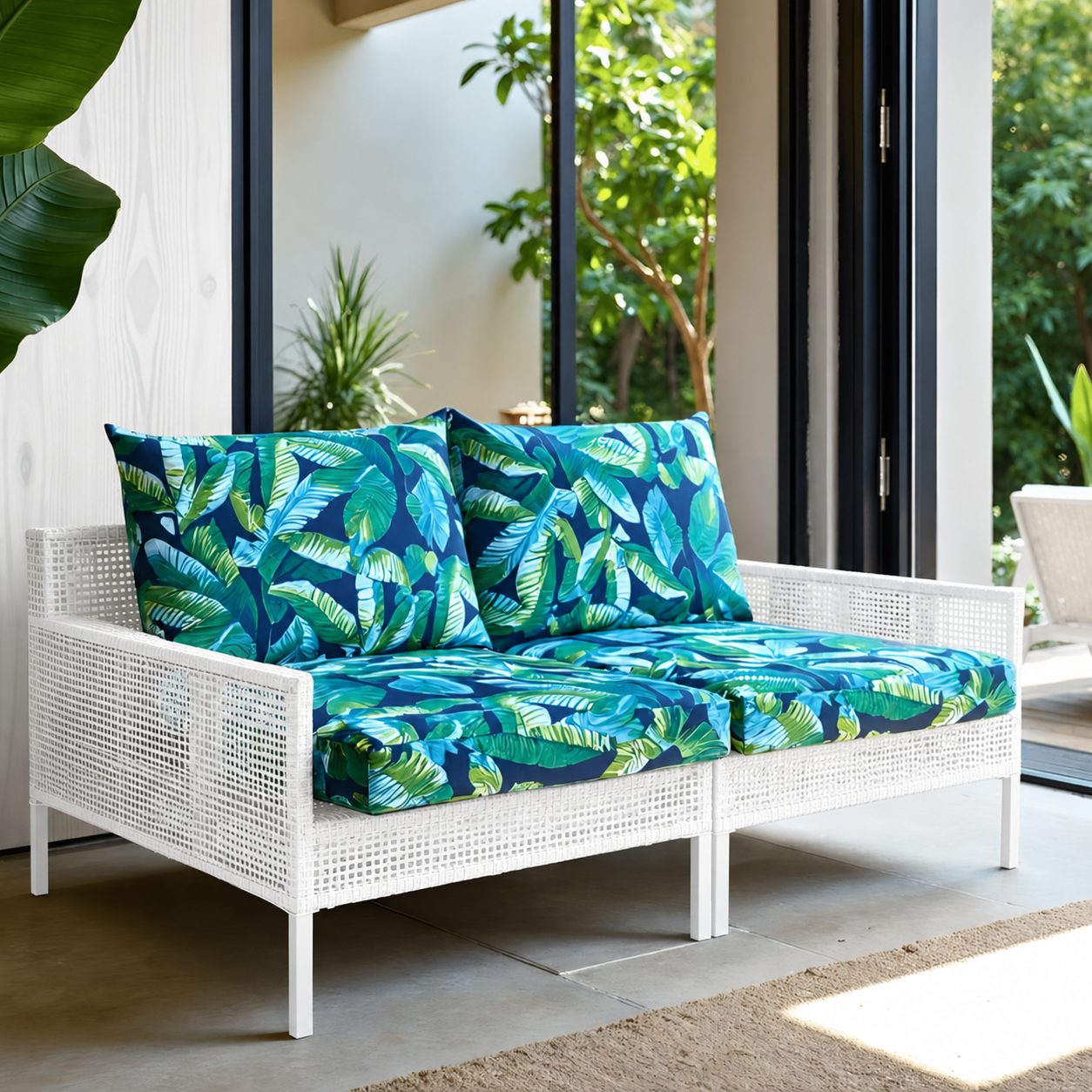 White wicker outdoor daybed with thick cushions featuring a vibrant green and blue tropical leaf pattern, set on a patio with large glass doors and greenery in the background.