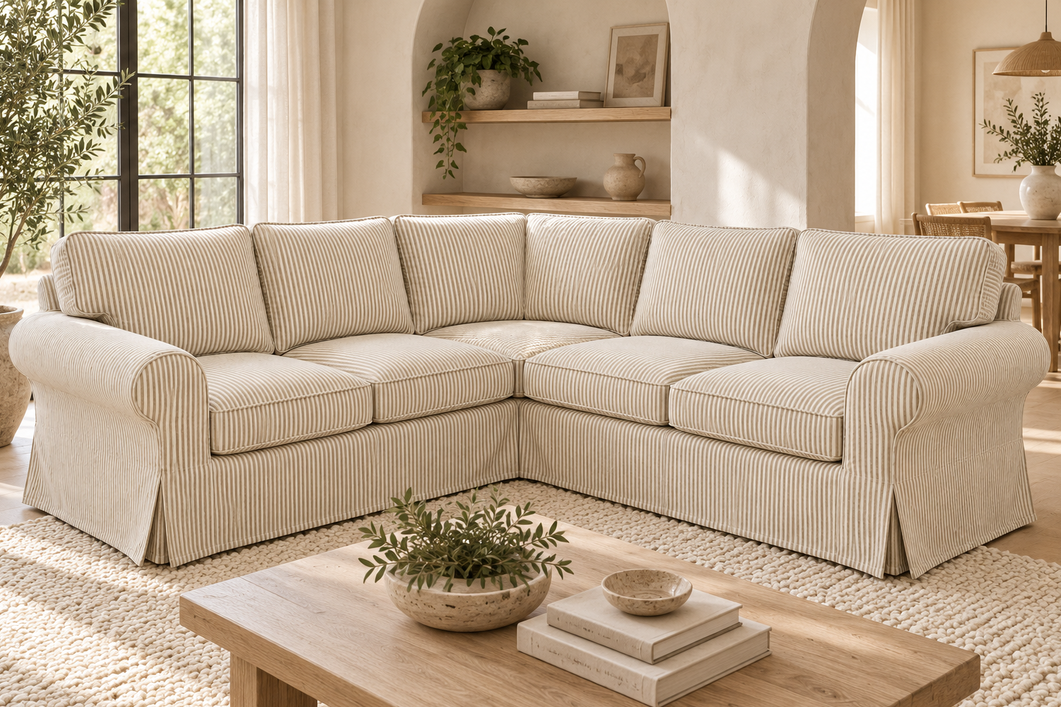 A light beige striped sectional sofa with a skirted base, shown in a bright, modern living room setting with a wooden coffee table and neutral decor.