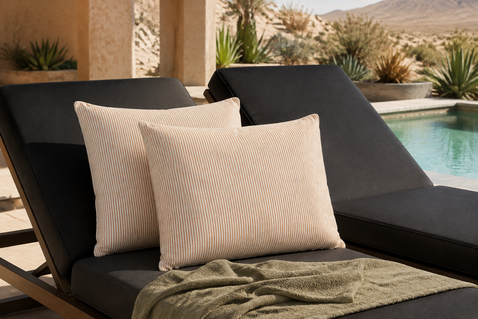 Two beige striped throw pillows resting on a black outdoor lounge chair beside a pool, with a folded olive-green towel and a desert landscape in the background.