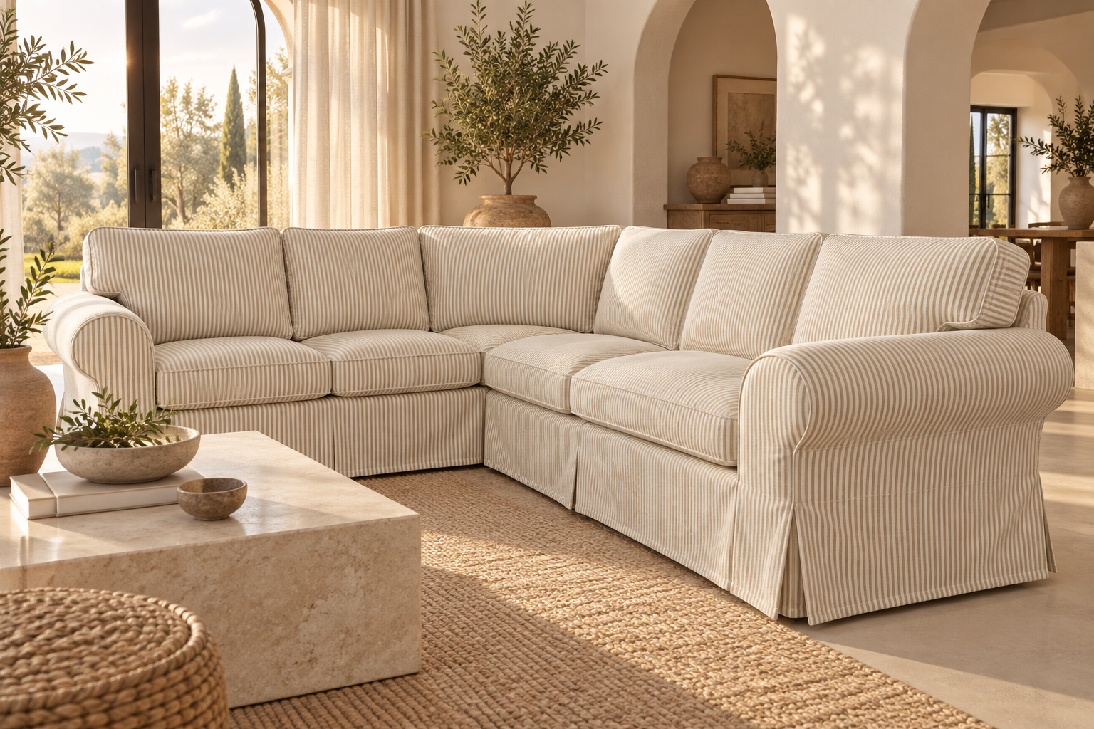 An L-shaped sectional sofa upholstered in cream-colored  beige striped fabric, set in a warm, sunlit Mediterranean-style living room with a stone coffee table and woven rug.