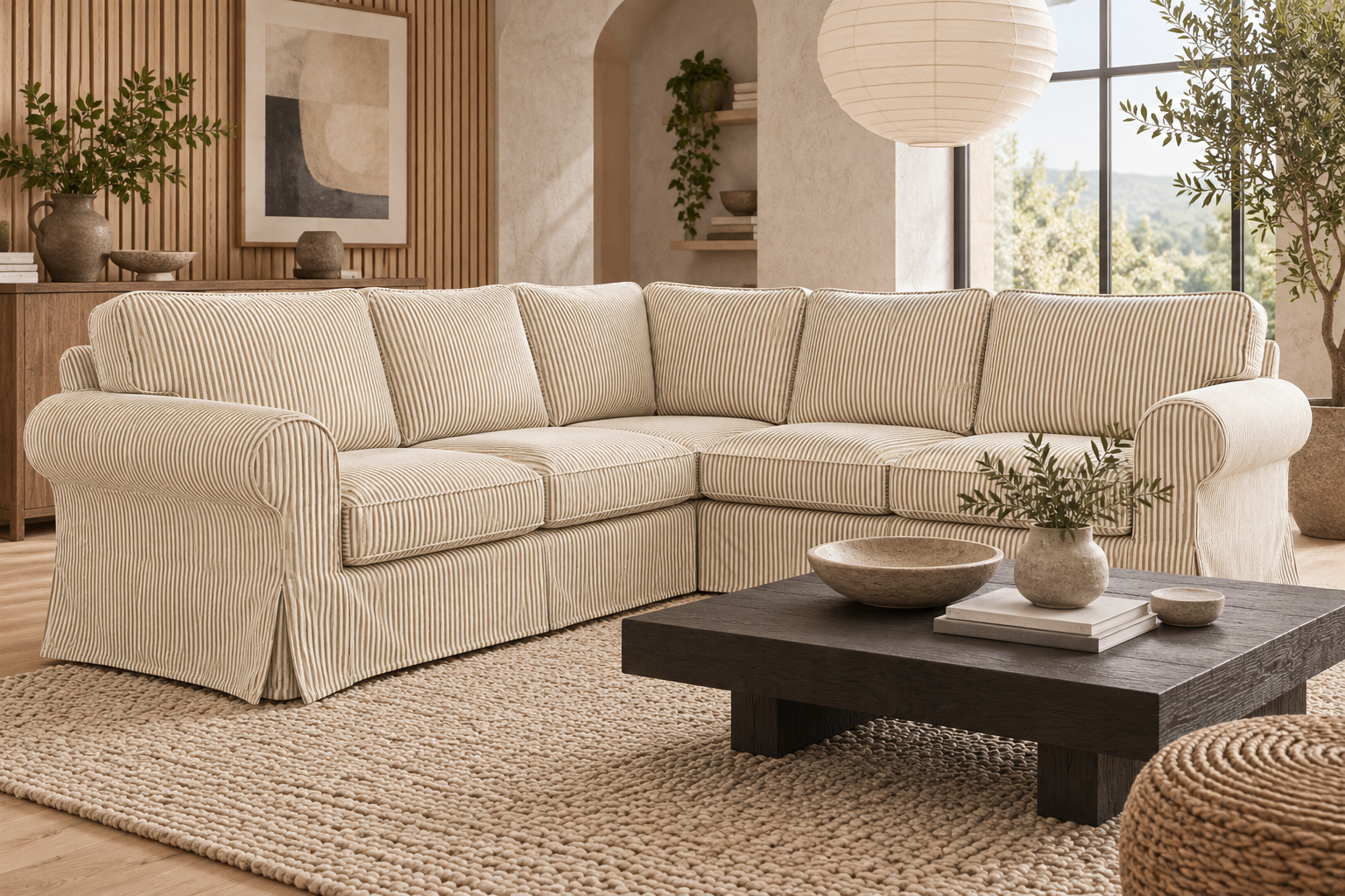 A cream-colored striped sectional sofa in a beautifully styled living room with a dark wood coffee table, woven rug, and warm wood-paneled walls.