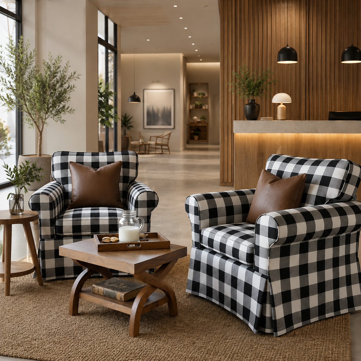 Two checkered armchairs in a modern lobby setting with a reception desk and decor.