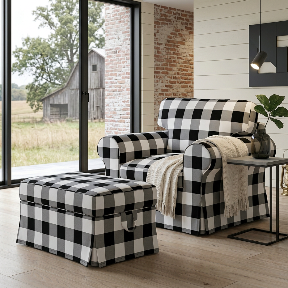 Living room with checkered armchair and ottoman in a modern home setting.