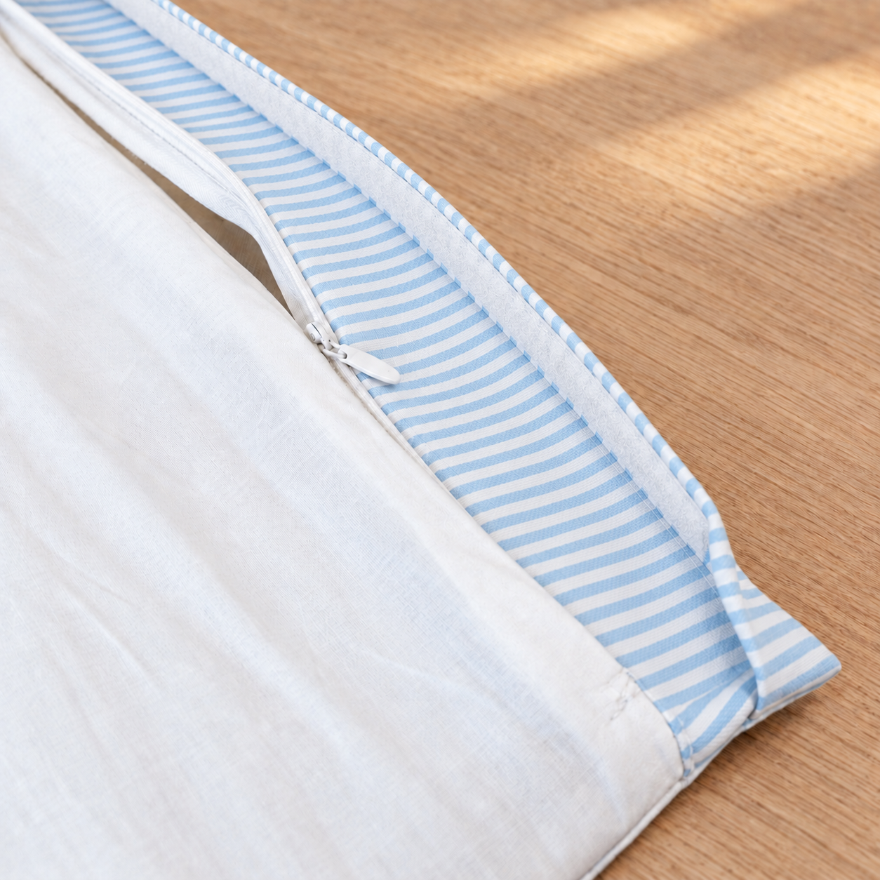 Blue Ticking Stripe Kids Poang Cover, close up of zipper and velcro