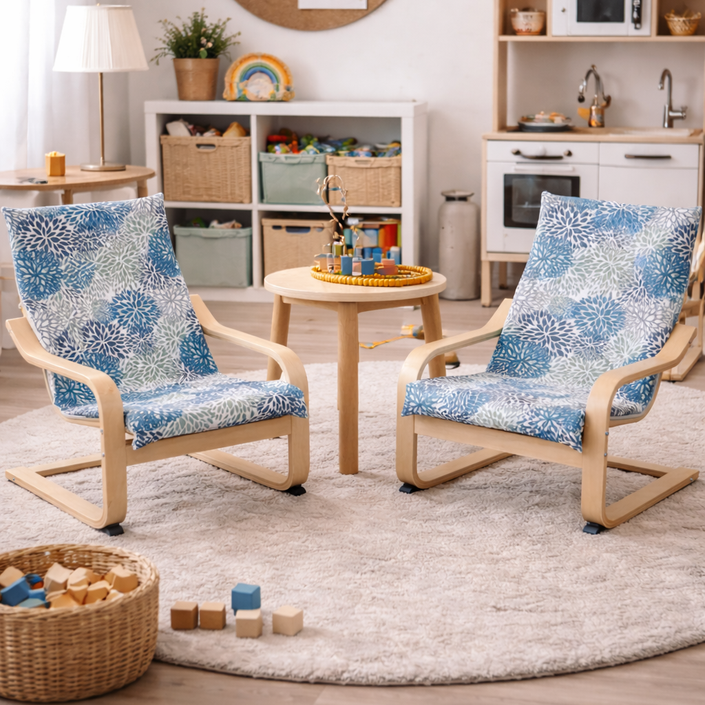 Children's playroom with blue patterned chairs, round rug, and children's furniture.