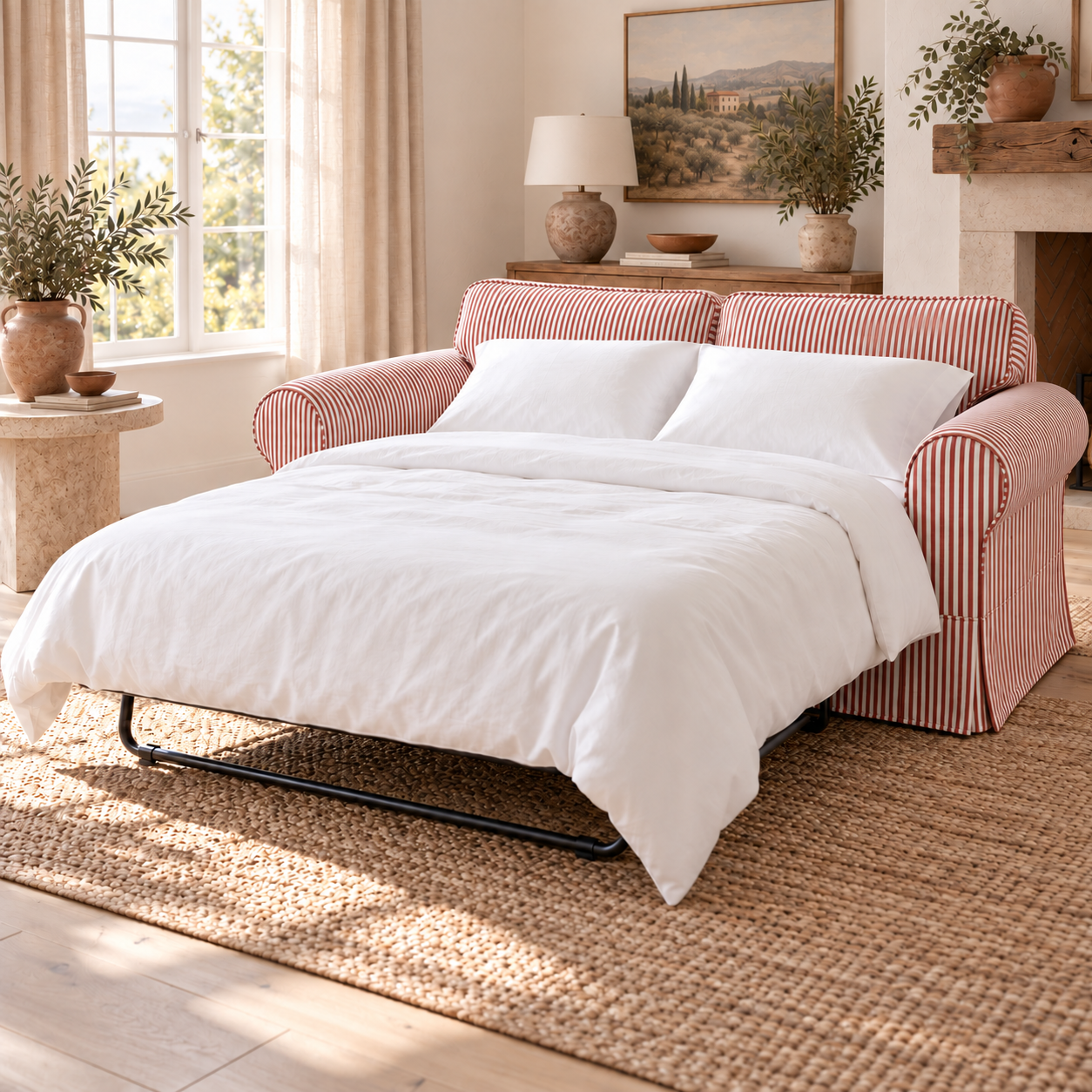 Terracotta Red Ticking Stripe 2-Seat Sofa Bed Slipcover – Compatible with IKEA EKTORP