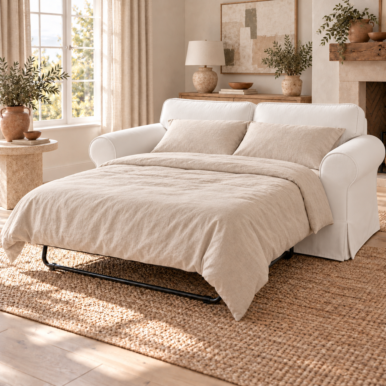 White Cotton Canvas 2-Seat Sofa Bed Slipcover – Compatible with IKEA EKTORP