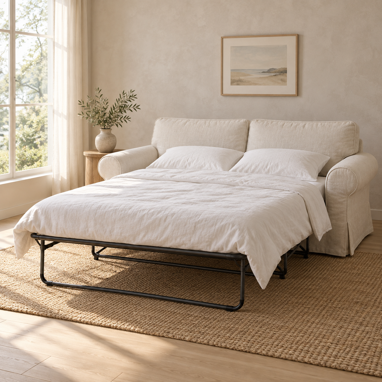 Natural Linen 2-Seat Sofa Bed Slipcover – Compatible with IKEA EKTORP