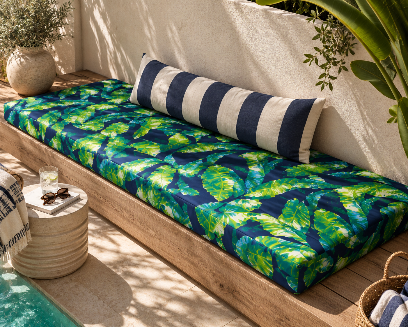A tropical leaf print outdoor daybed cushion set on a wooden bench beside a pool, with a navy and cream striped lumbar pillow, in a sunny patio setting.