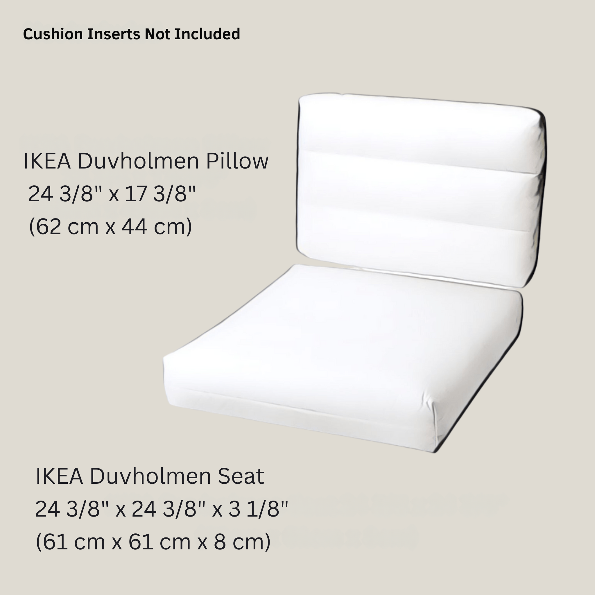 White IKEA Duvholmen pillow and seat on a beige background with dimensions displayed.
