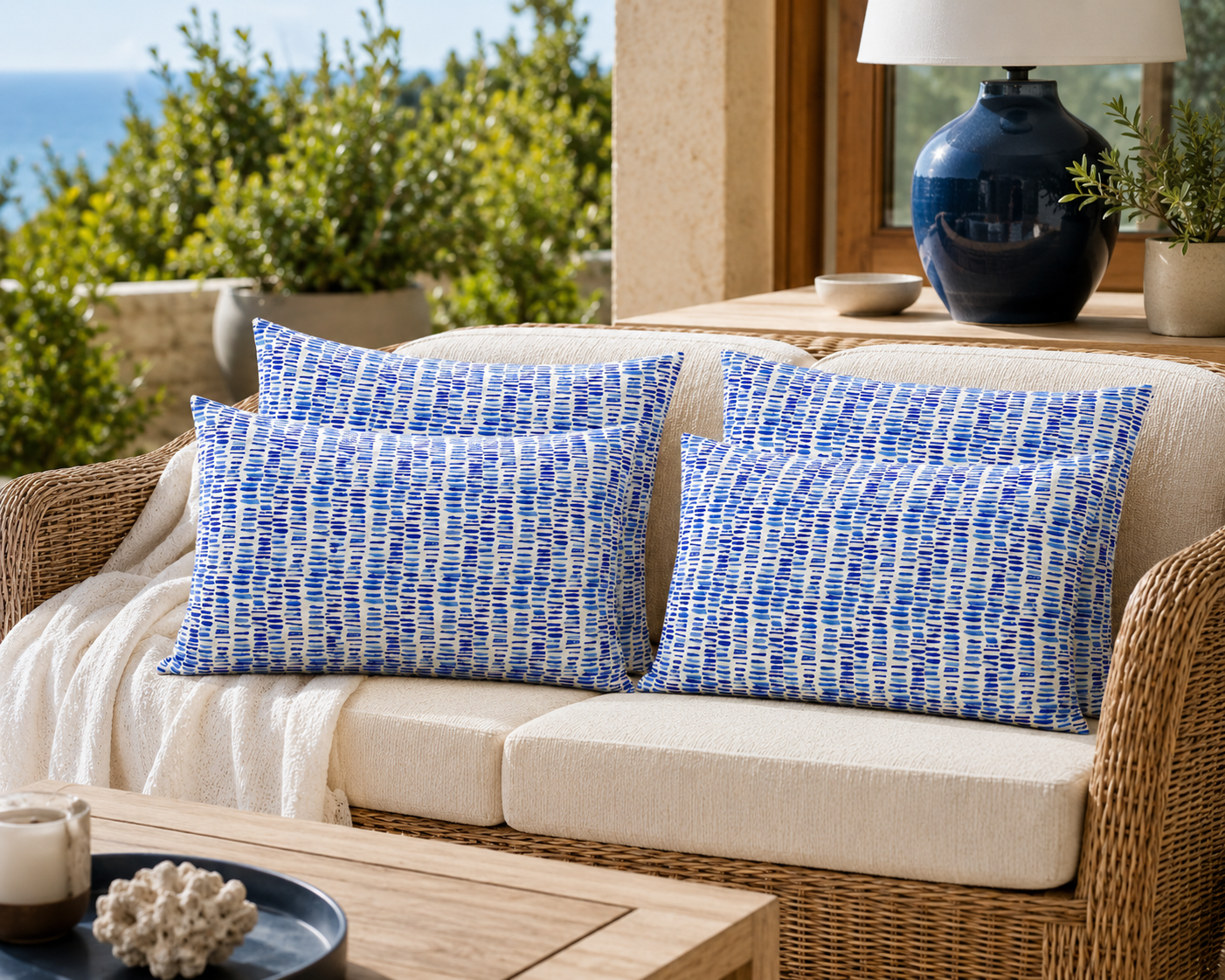 Two Duvholmen outdoor throw pillows with a blue and white abstract brushstroke pattern, styled on a wicker sofa with cream cushions in a sunlit patio setting.