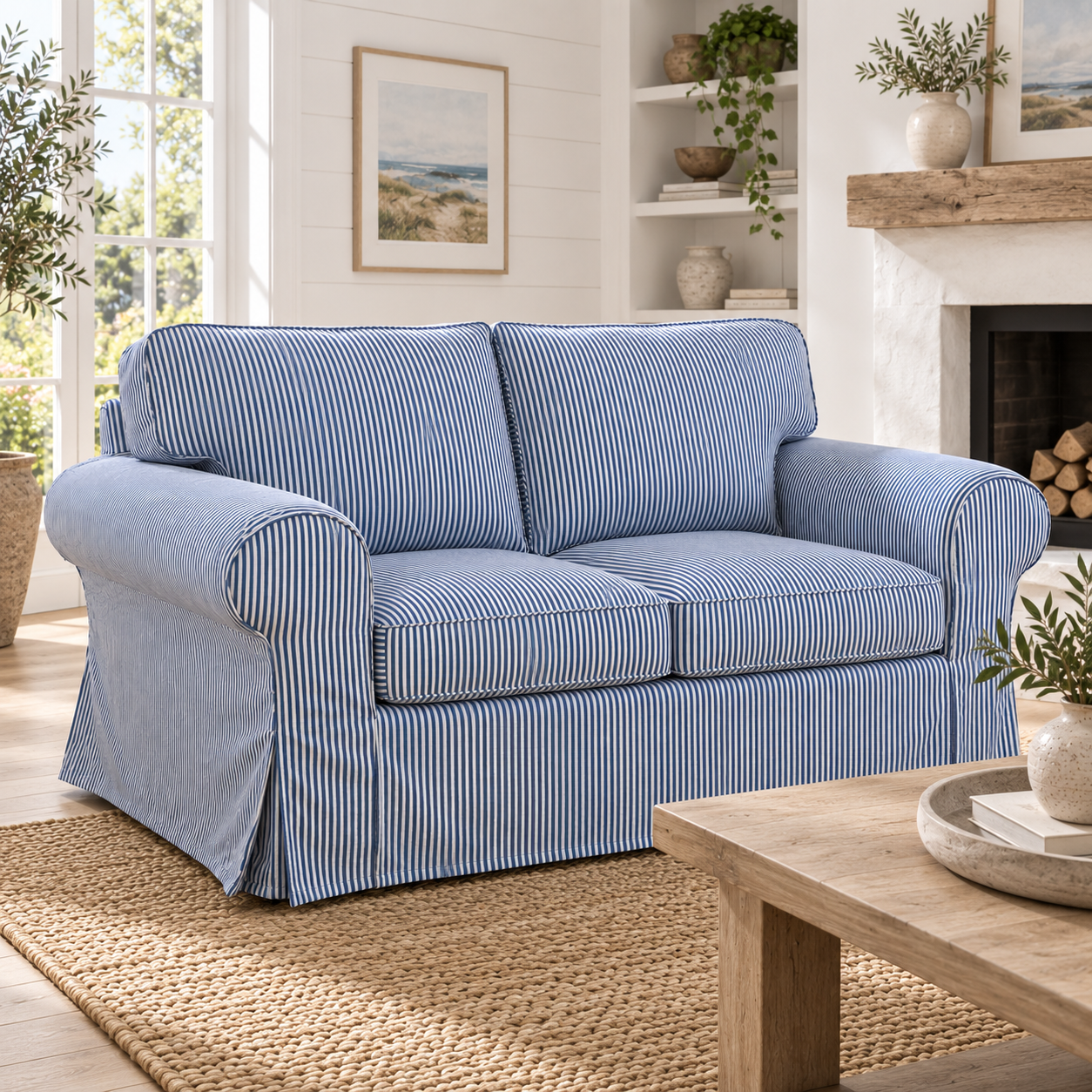 A blue and white vertically striped slipcovered loveseat in a bright, modern living room setting.