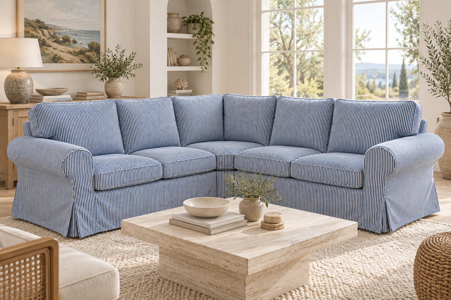 A light blue striped fabric sectional sofa with a slipcovered frame, styled in a bright, modern living room with a wooden coffee table and neutral decor.