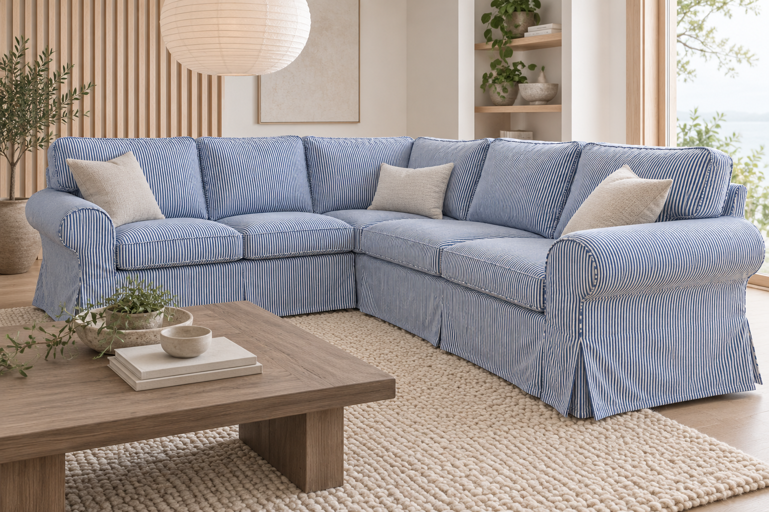 A light blue corduroy sectional sofa slipcover with cream throw pillows, styled in a bright, modern living room with a wooden coffee table and beige rug.