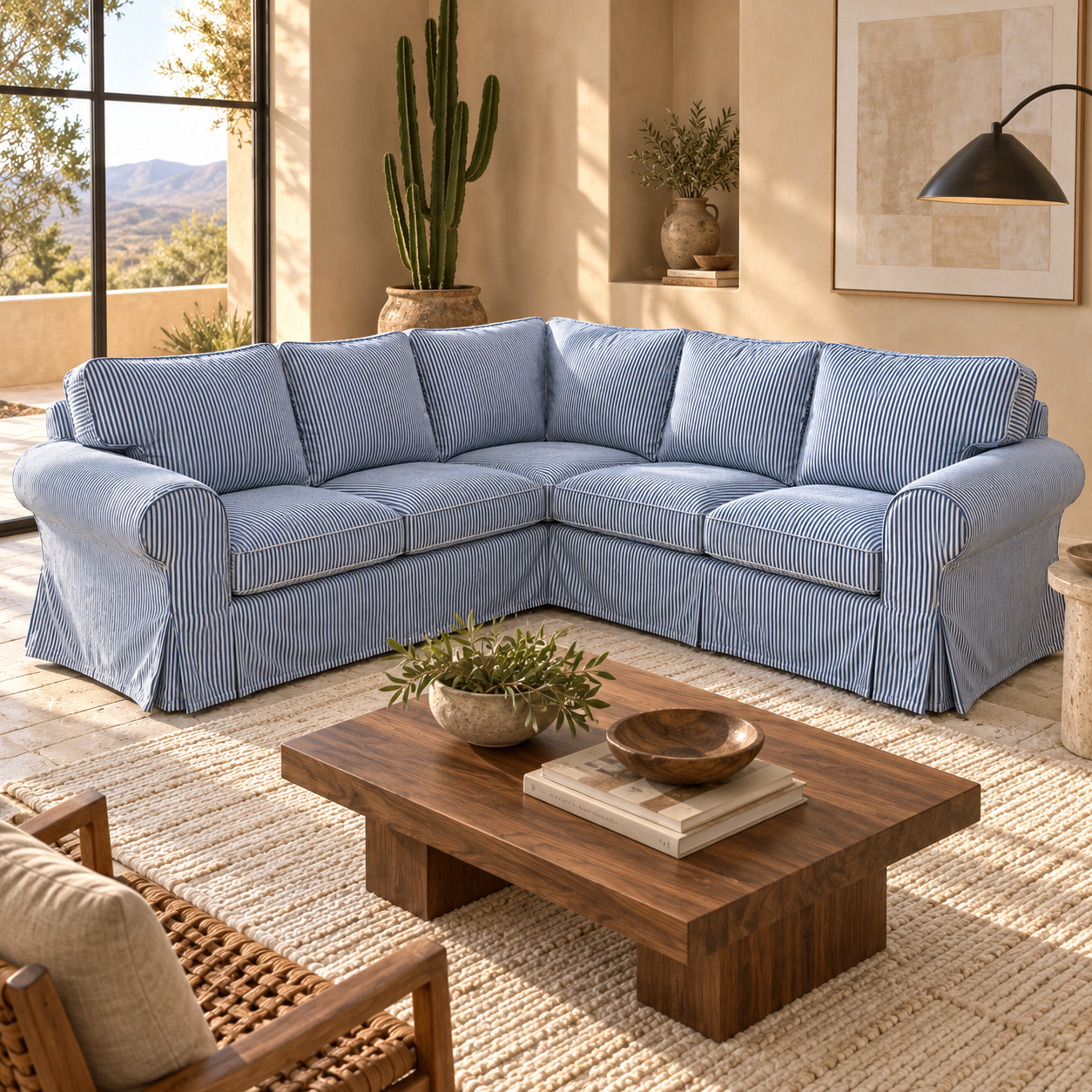 Blue Ticking Stripe 4-Seat Corner Sectional Slipcover – Compatible with IKEA EKTORP