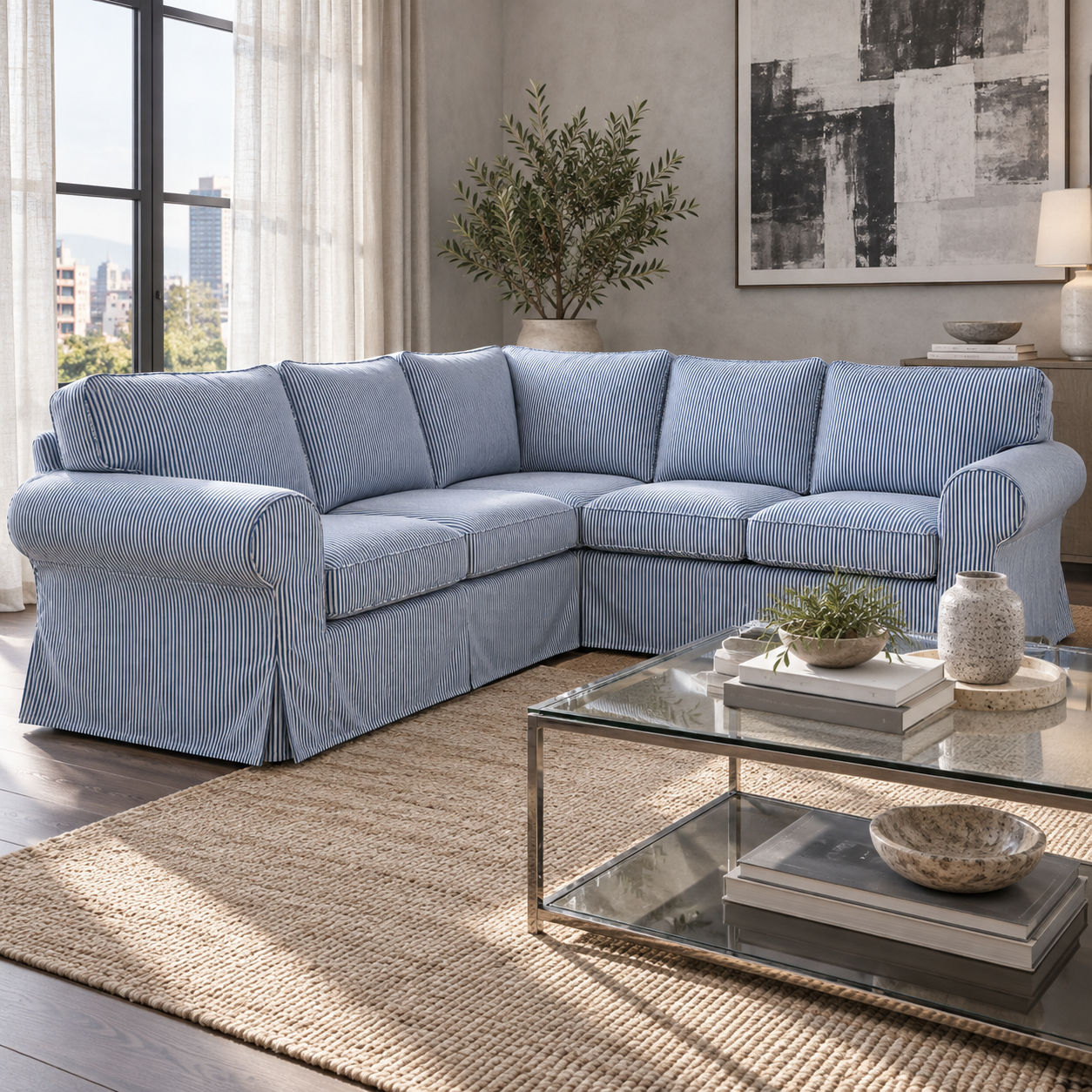 Blue Ticking Stripe 4-Seat Corner Sectional Slipcover – Compatible with IKEA EKTORP