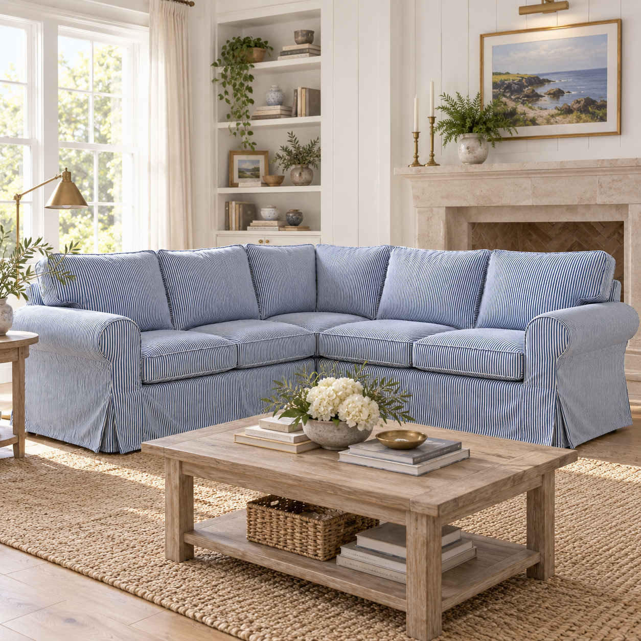 Blue Ticking Stripe 4-Seat Corner Sectional Slipcover – Compatible with IKEA EKTORP