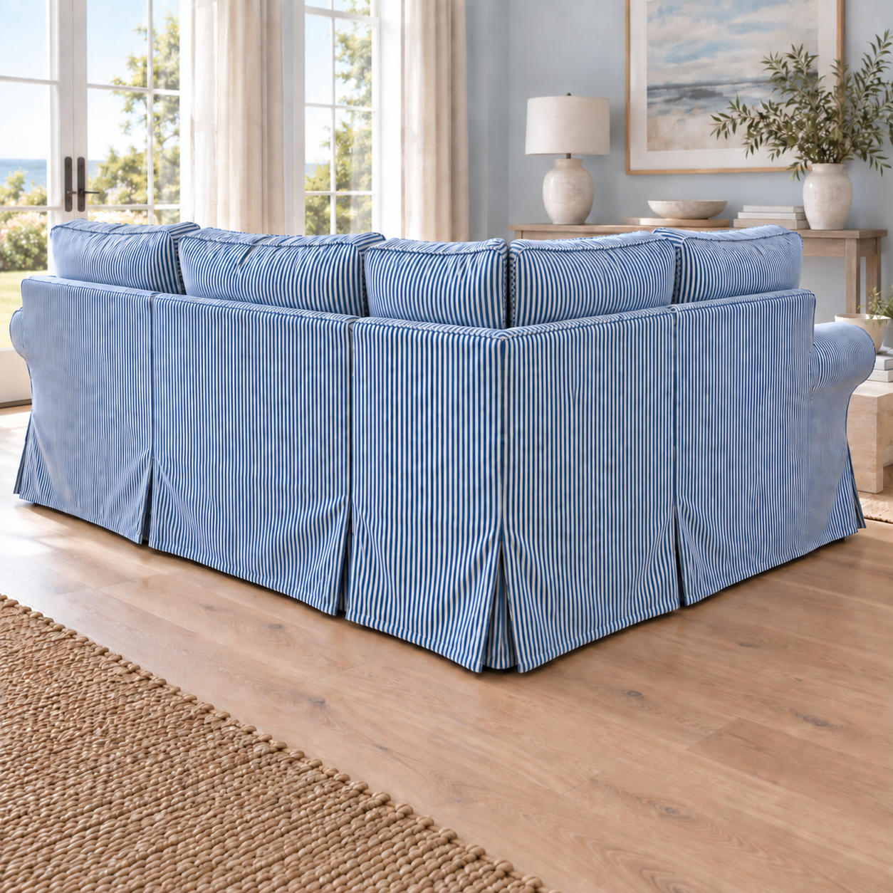 A blue and white striped fabric slipcovered sectional sofa in a bright, modern living room with light wood floors and a neutral blue wall.