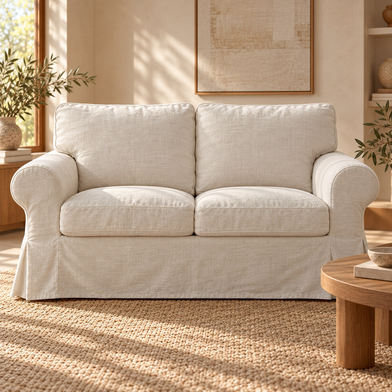 100% washed Natural Linen fabric shown on standard IKEA EKTORP 2-seater sofa, front view