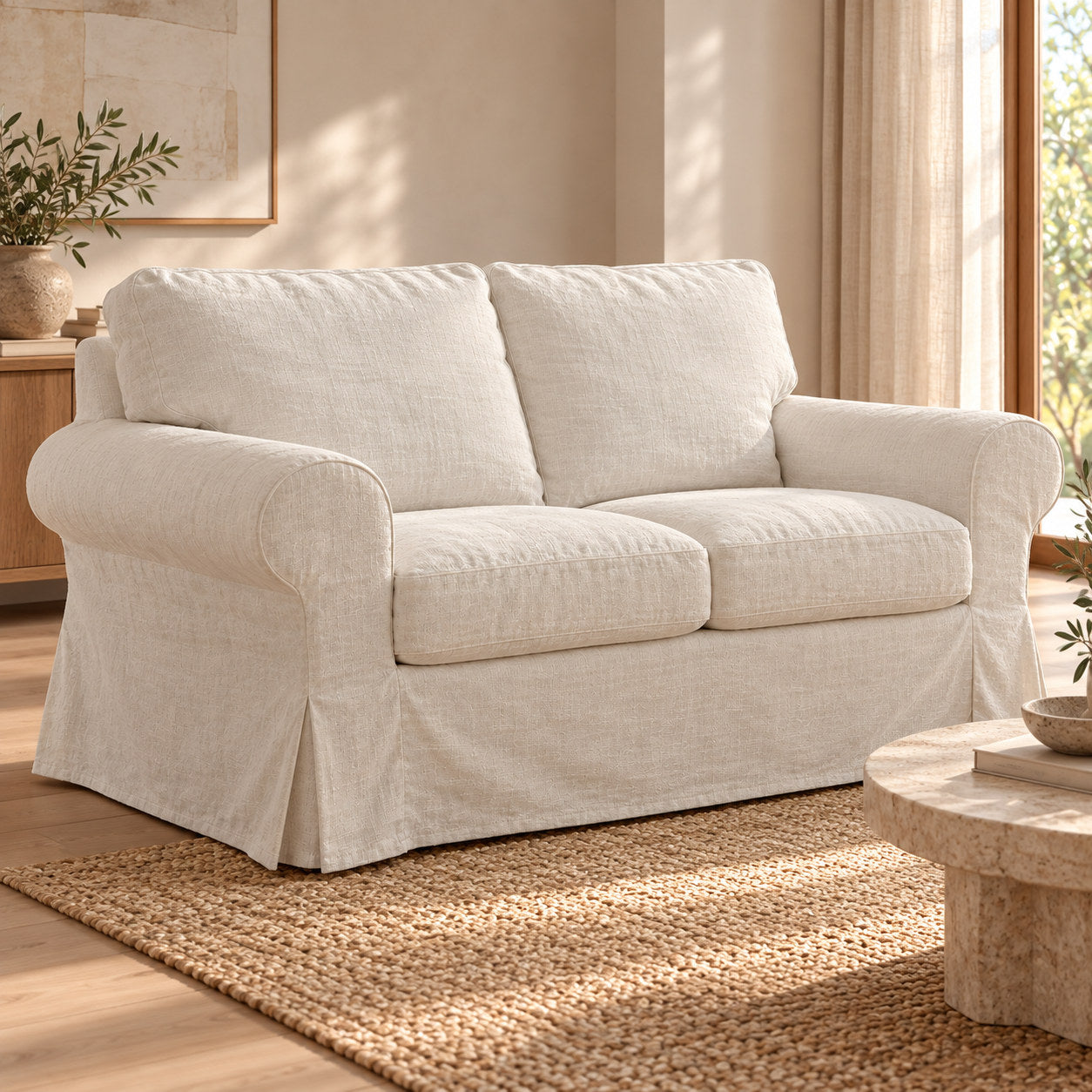 100% washed Natural Linen fabric shown on standard IKEA EKTORP 2-seater sofa, front left view; illustrative for this compatible model