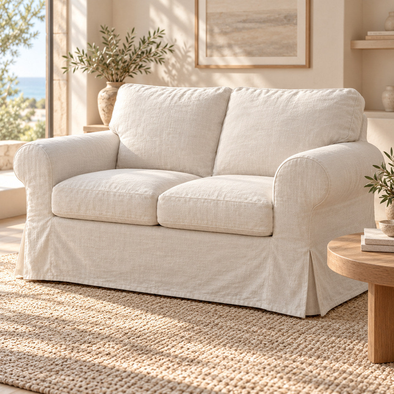 100% washed Natural Linen fabric shown on standard IKEA EKTORP 2-seater sofa, front right view; illustrative for this compatible model