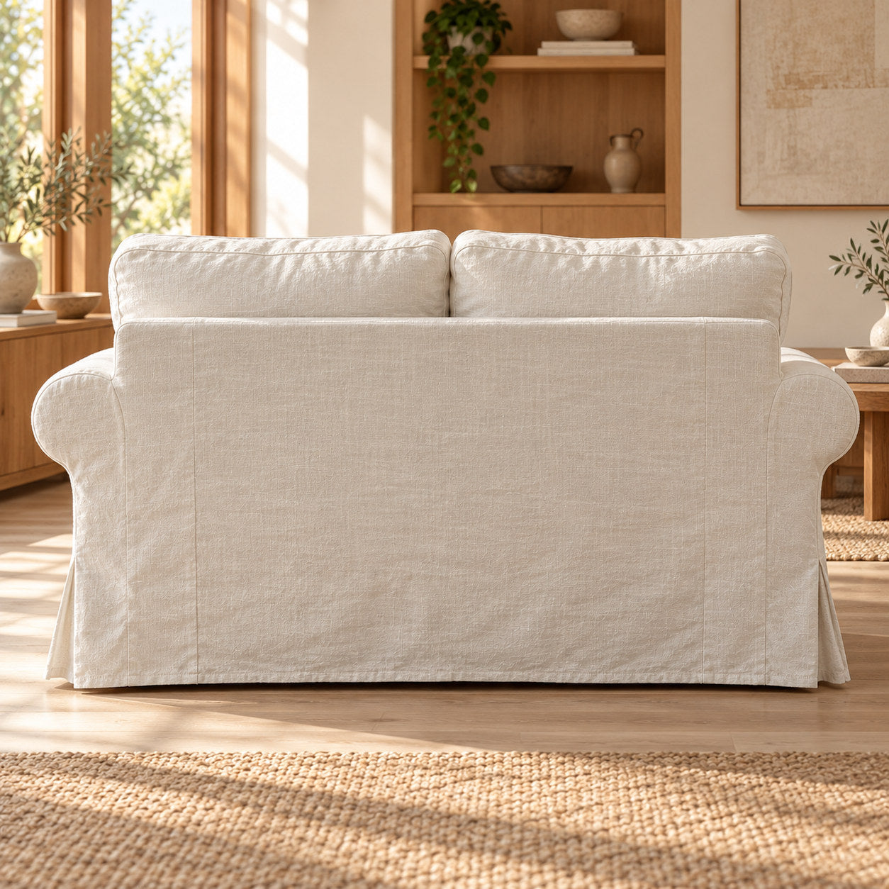 100% washed Natural Linen fabric shown on standard IKEA EKTORP 2-seater sofa, rear view