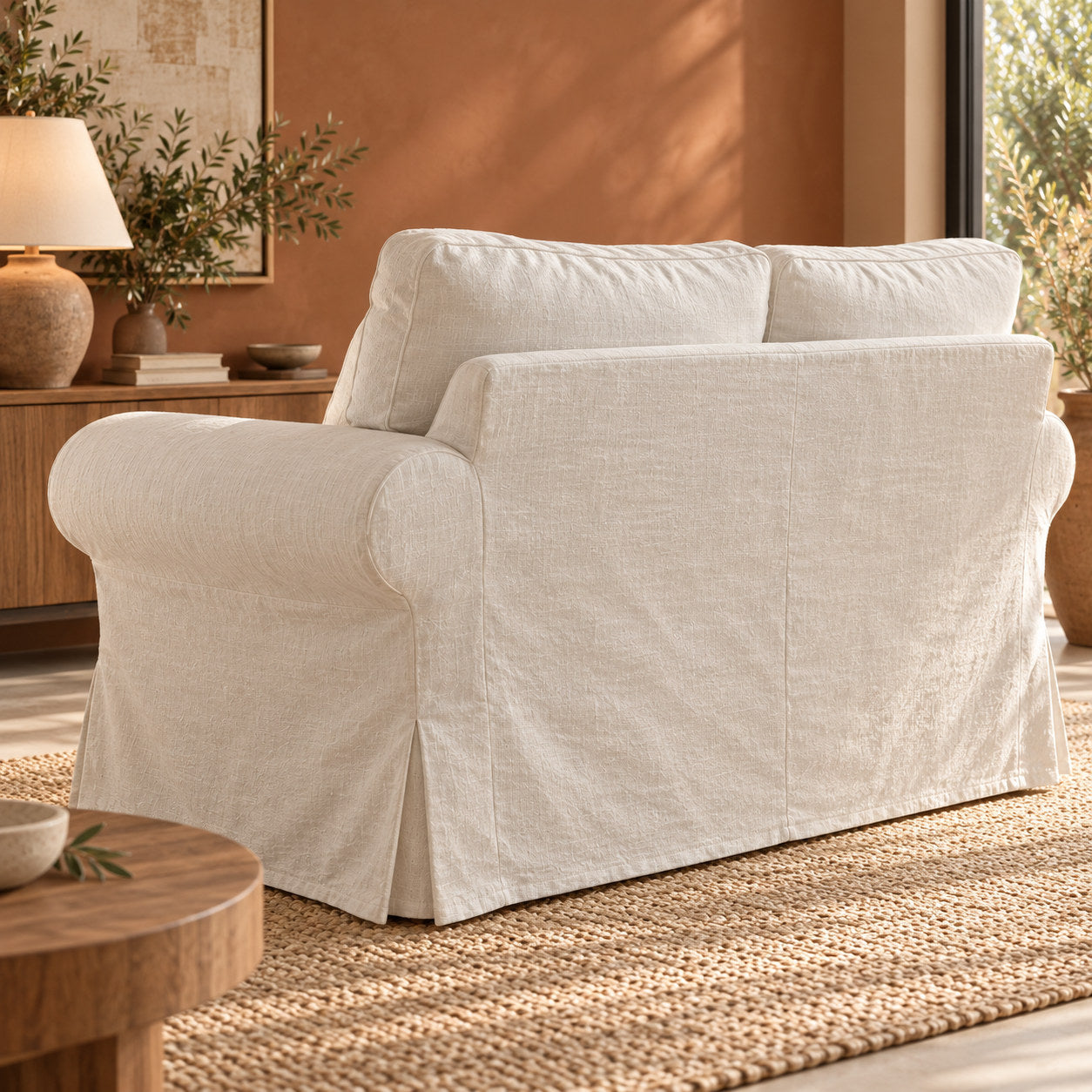 100% washed Natural Linen fabric shown on standard IKEA EKTORP 2-seater sofa, rear angle view