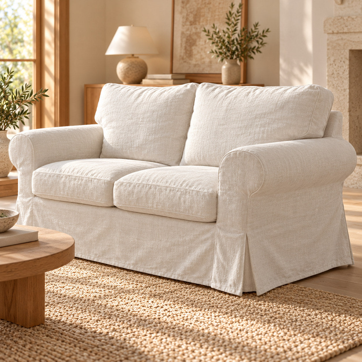 100% washed Natural Linen fabric shown on standard IKEA EKTORP 2-seater sofa, side view