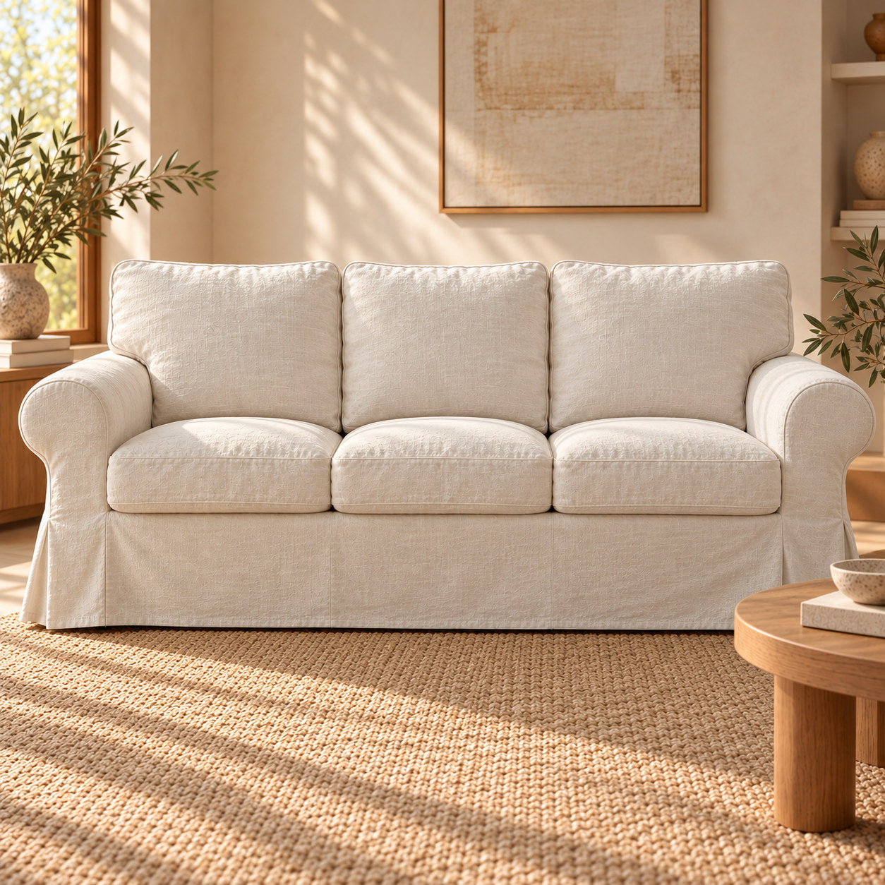 Natural Linen fabric shown on standard IKEA EKTORP 3-seater sofa, front view; illustrative for this compatible model