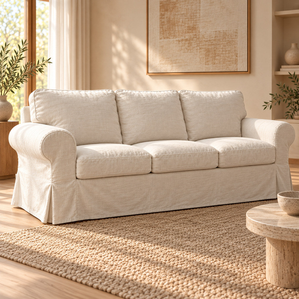 Natural Linen fabric shown on standard IKEA EKTORP 3-seater sofa, front left view; illustrative for this compatible model