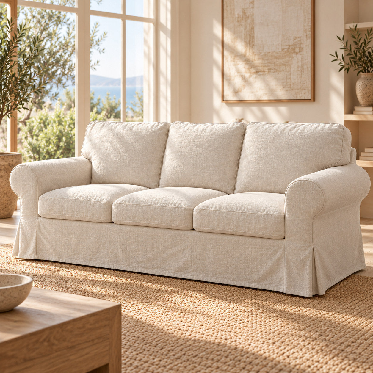 Natural Linen fabric shown on standard IKEA EKTORP 3-seater sofa, front right view; illustrative for this compatible model