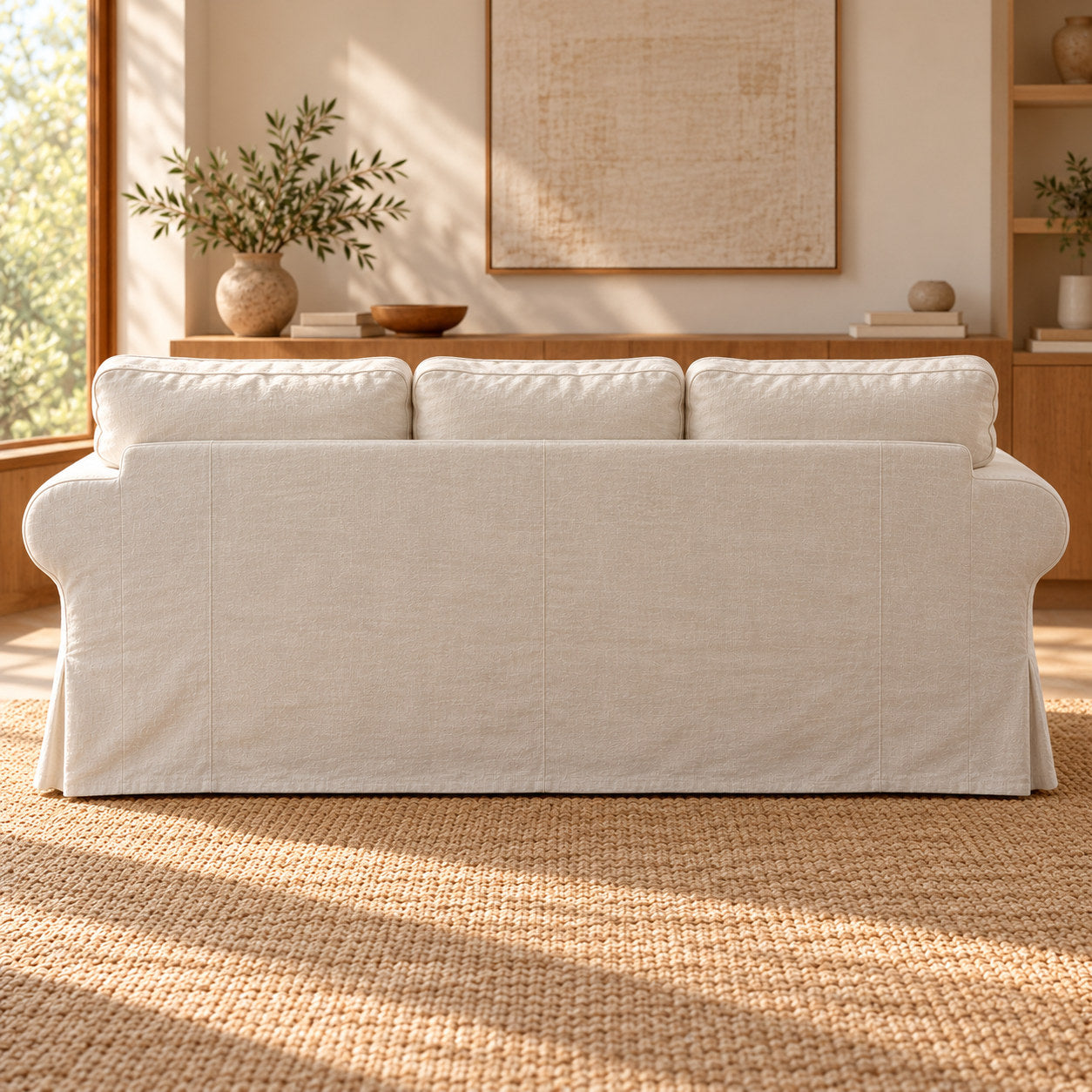 Natural Linen fabric shown on standard IKEA EKTORP 3-seater sofa, rear view; illustrative for this compatible model