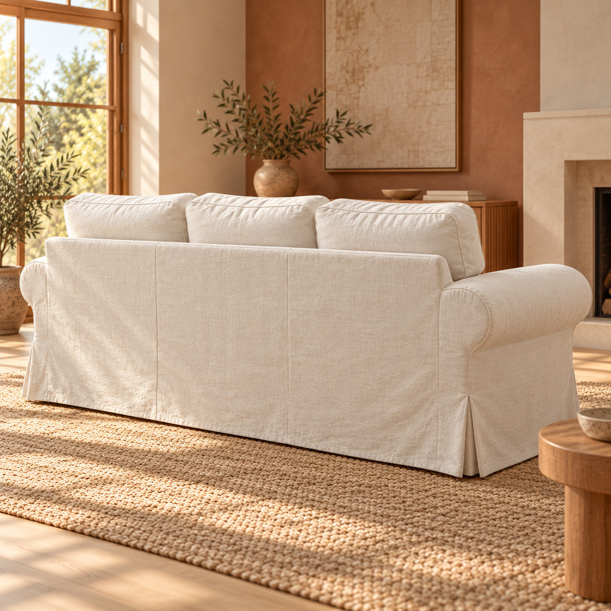 Natural Linen fabric shown on standard IKEA EKTORP 3-seater sofa, rear angle view; illustrative for this compatible model
