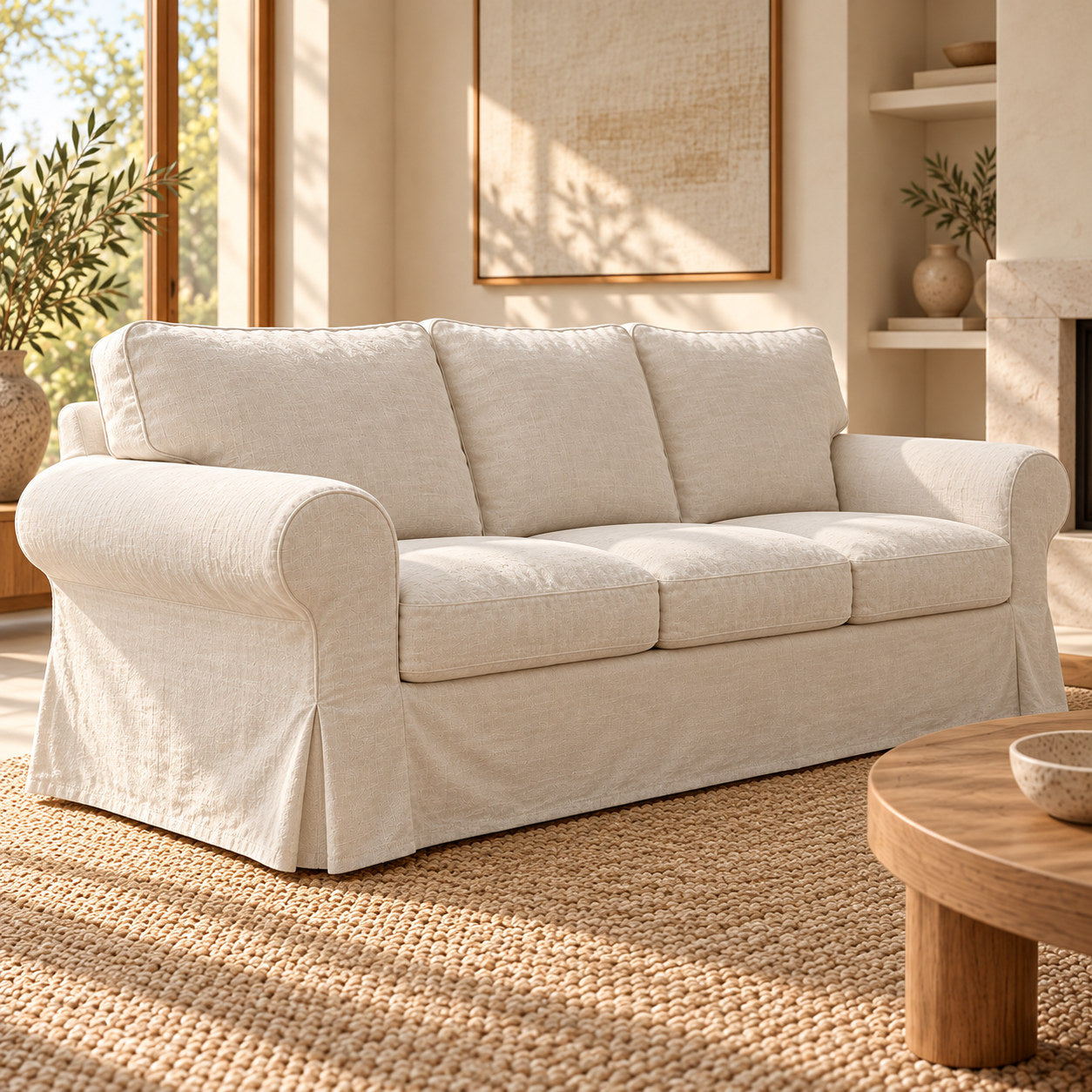 Natural Linen fabric shown on standard IKEA EKTORP 3-seater sofa, side view; illustrative for this compatible model