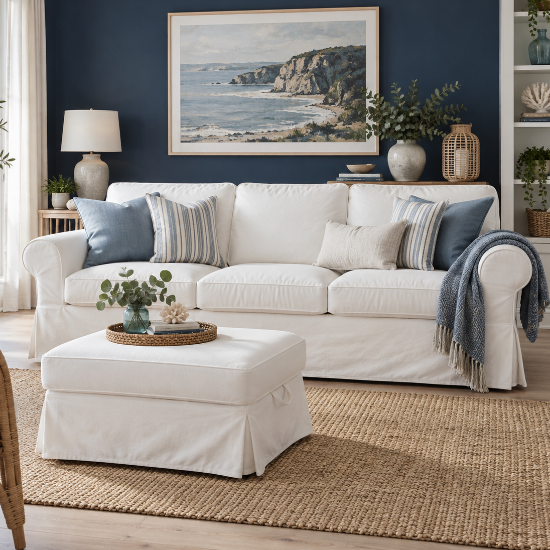 A white slipcovered three-seat sofa in a styled living room, with matching striped and solid accent pillows, a white ottoman, a blue throw blanket, a navy blue wall, and a framed coastal landscape print above.