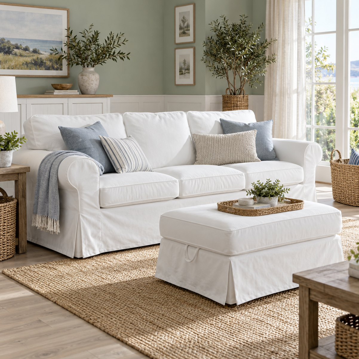 A white slipcovered sofa with matching ottoman in a bright, styled living room. The sofa is decorated with blue, gray, and beige throw pillows, and a blue throw blanket is draped over the arm.