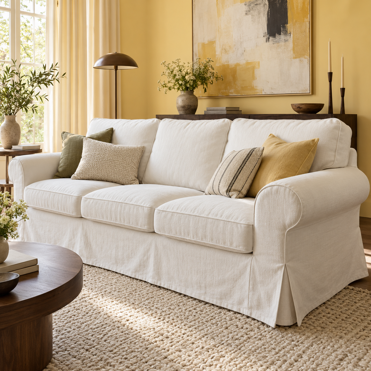 A cream-colored slipcovered three-seater sofa in a warm, styled living room with yellow walls, decorative pillows, a wooden coffee table, and a woven rug.