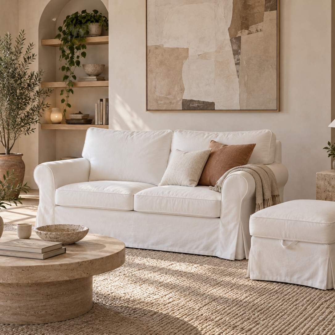 A white slipcovered loveseat sofa in a bright, modern living room, styled with neutral-toned throw pillows, a matching white slipcovered ottoman, a round stone coffee table, and warm beige walls.