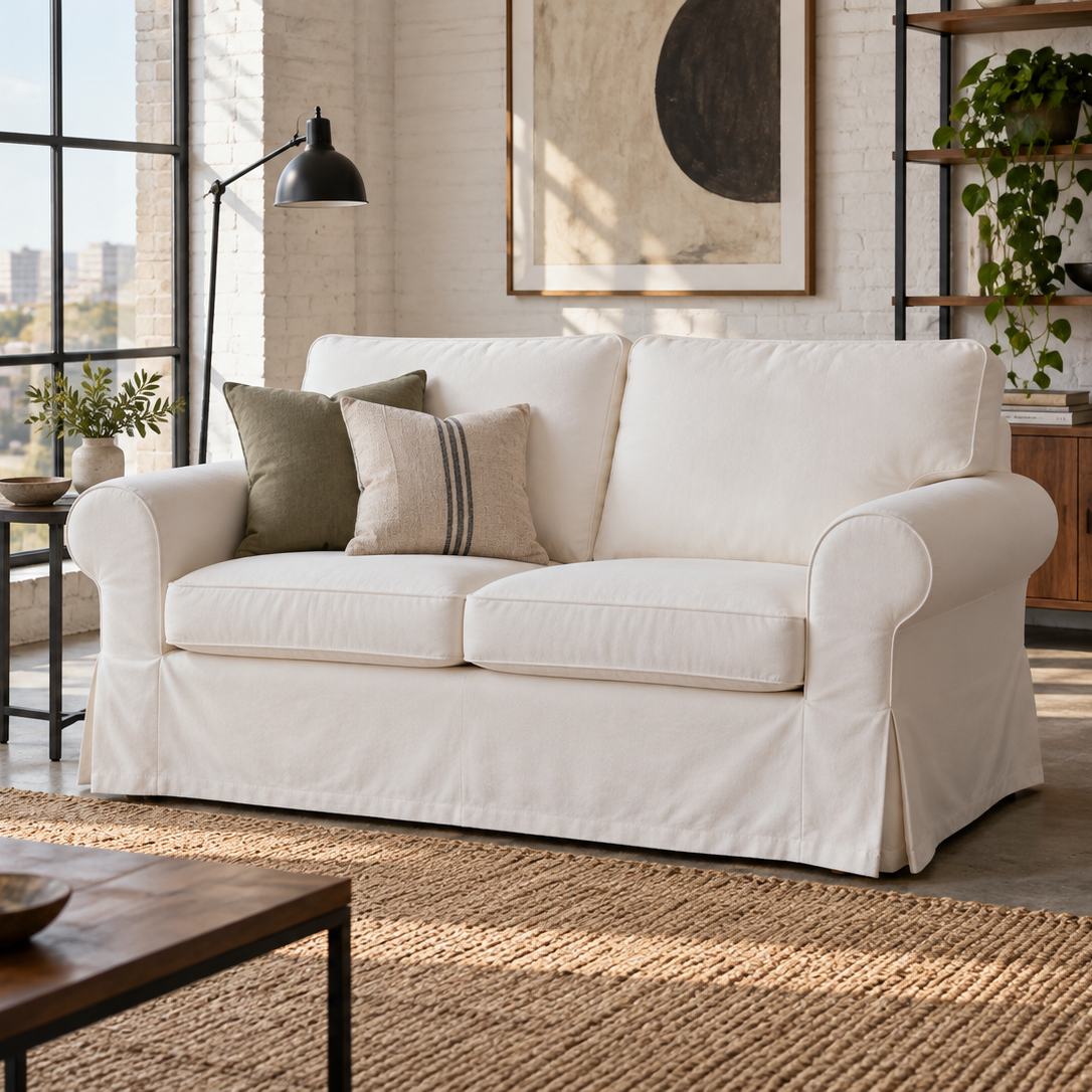 An off-white slipcovered loveseat sofa in a bright, modern living room setting with decorative throw pillows, a coffee table, and a large window in the background.