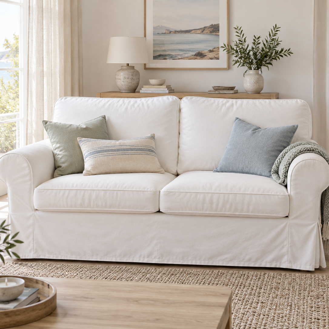 A white slipcovered loveseat sofa in a bright, modern living room, styled with sage green, light blue, and striped accent pillows, a beige throw blanket, and a wooden coffee table in the foreground.