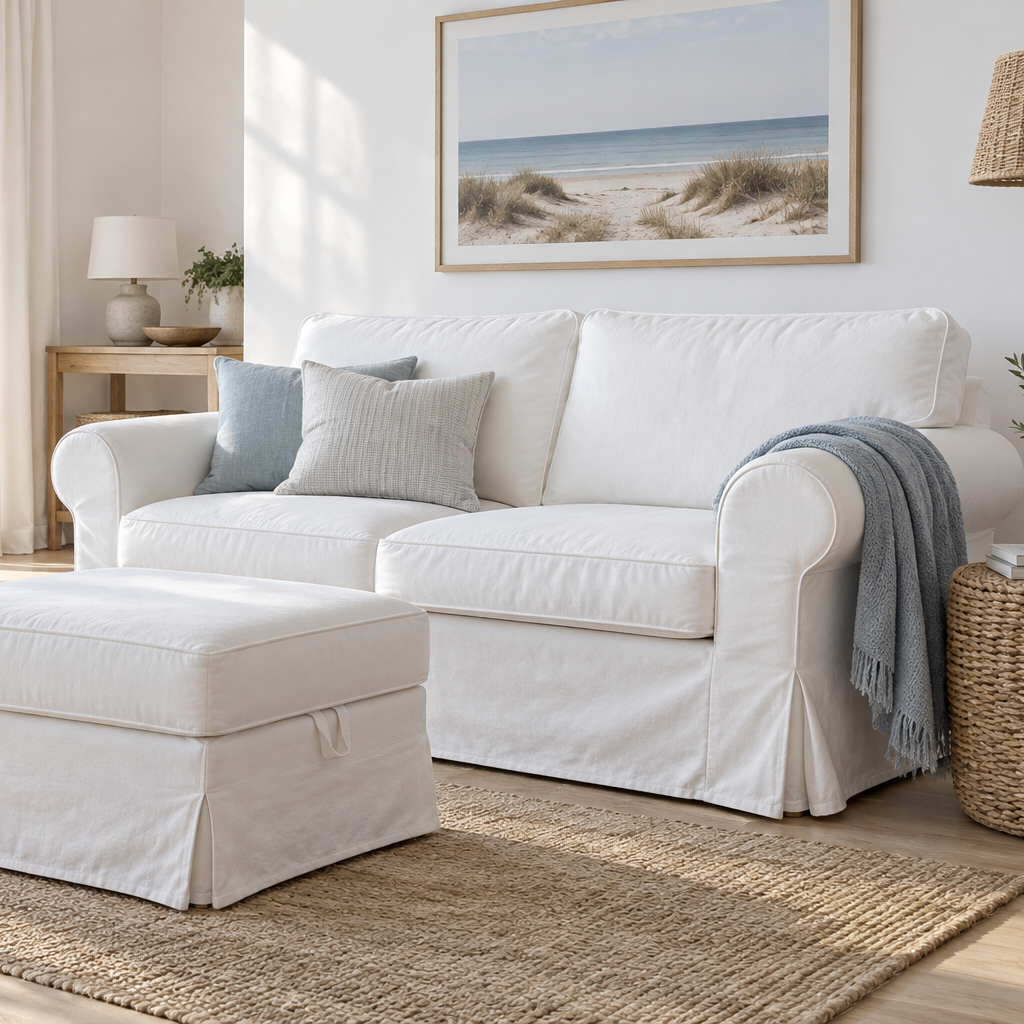A white slipcovered sofa with matching ottoman in a bright, modern living room with a beach view, neutral-toned rug, and coastal wall art.