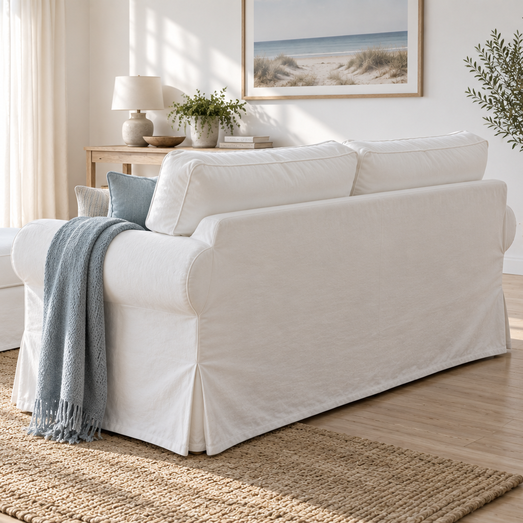 A white slipcovered sofa with a matching ottoman in a bright, modern living room with a jute rug, coastal window view, and a blue throw blanket.