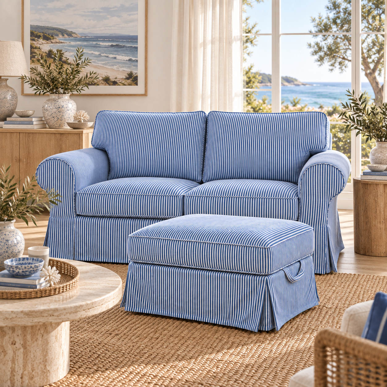 A blue and white striped slipcovered loveseat with a matching ottoman in a bright, coastal-themed living room.